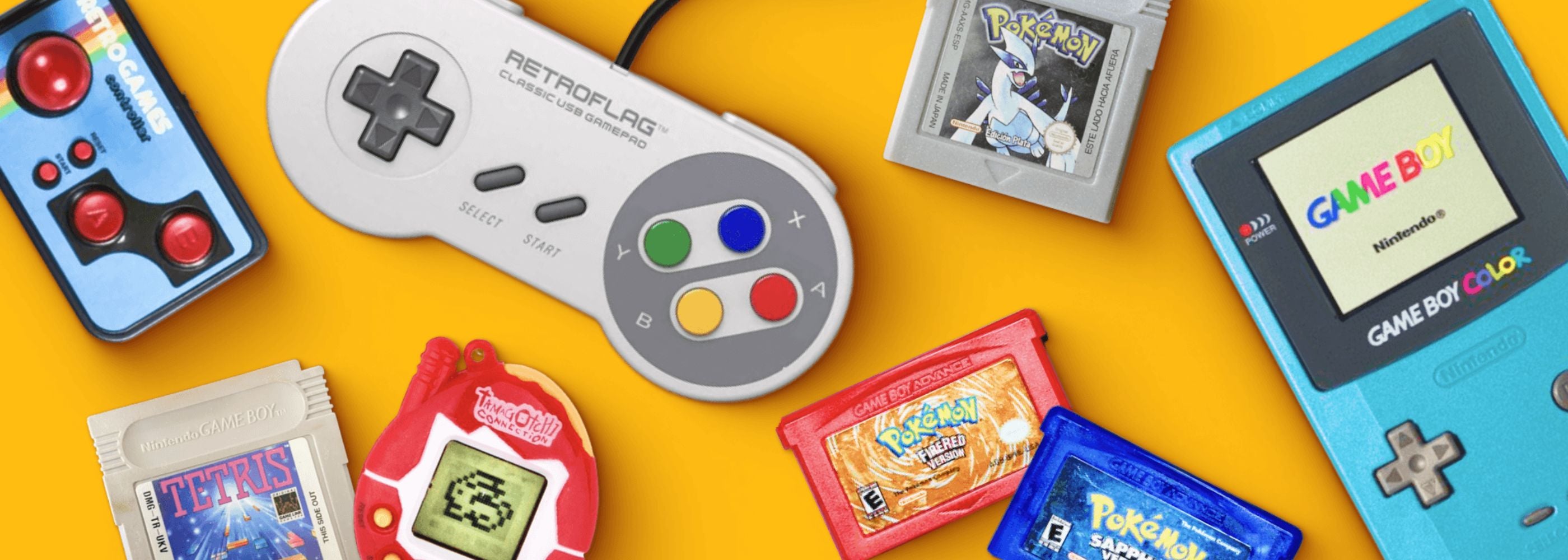 Image bannière avec une sélection de consoles et jeux vidéo retrogaming