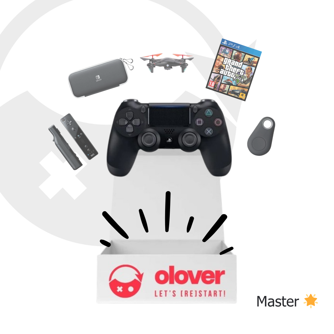 Visuel de la Box Mystère Master dévoilant une manette PS4, avec en arrière-plan un jeu vidéo, une manette Wii, un drone, un key finder et une pochette Switch