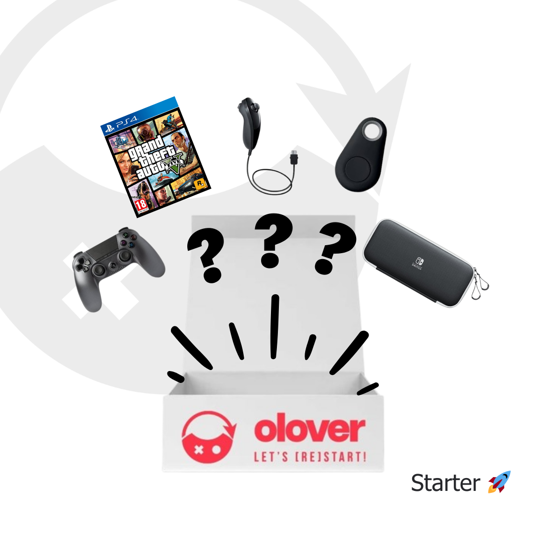 Visuel de la Box Mystère Starter dévoilant une manette PS4 compatible, un jeu vidéo, un Nunchuk Wii, un key finder et une pochette Switch